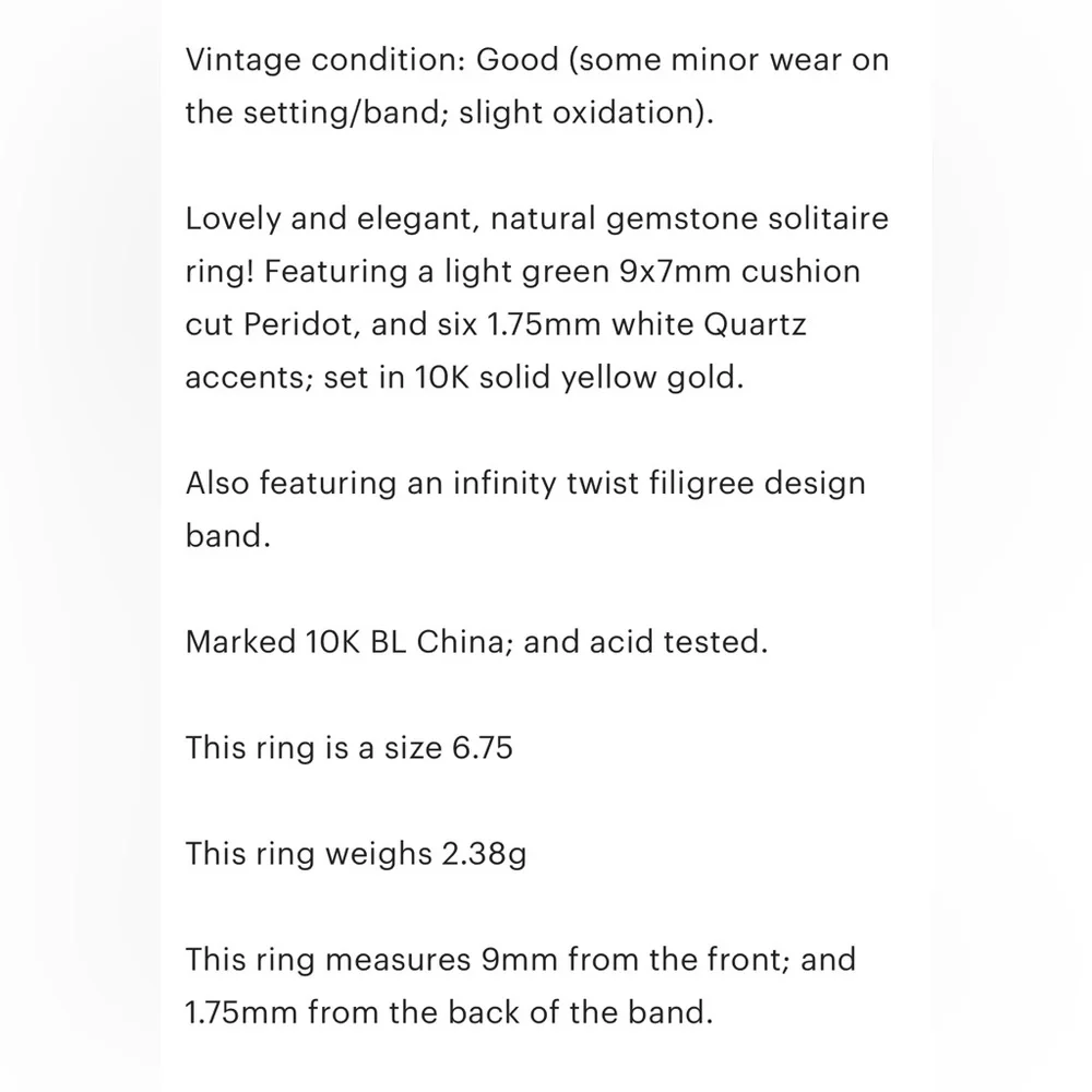 Vintage 10K Gold Peridot Ring: Filigree Band, Quartz Accents, Size 6.75 - Picture 11 of 11